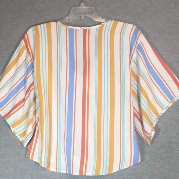 JODIFL Oversized Relaxed Fit Boxy V-Neck Tie Front Soft Comfy Summer Striped Top - Picture 2 of 13